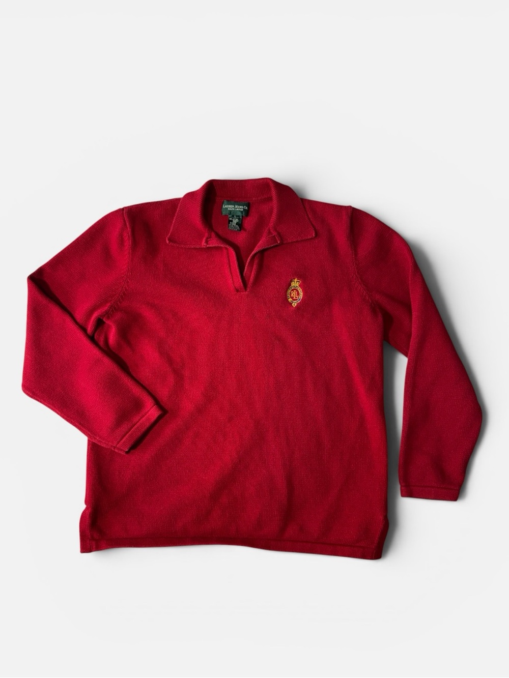 Lauren Ralph Lauren womens L Large red crest cotton polo style sweater EUC